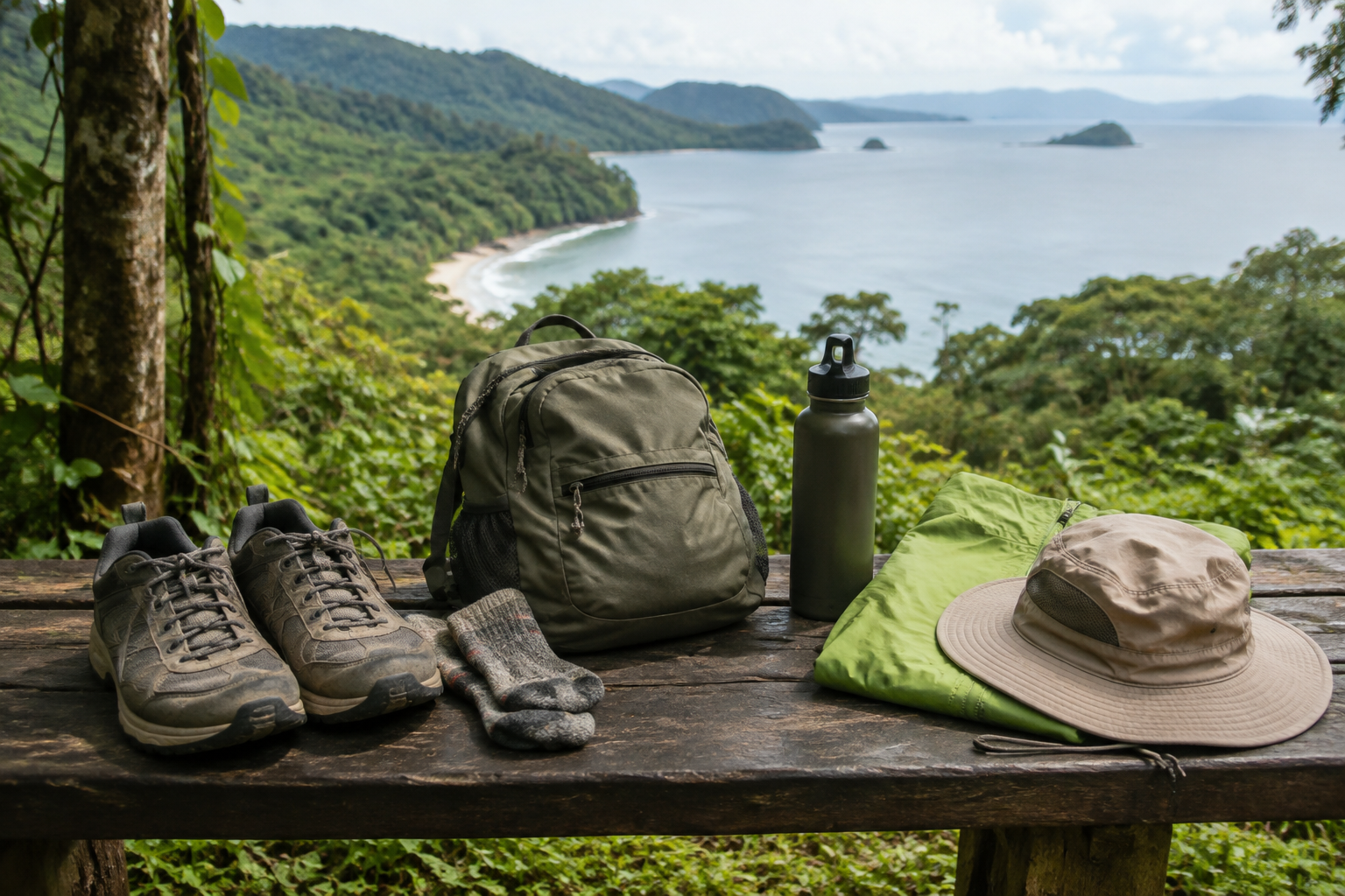 Walking shoes, socks, a backpack, folded rain gear and a sun hat are arranged on a bench.