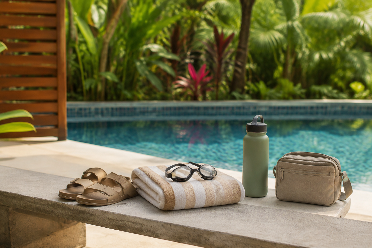 Illustration of a towel and other supplies for a pool visit.