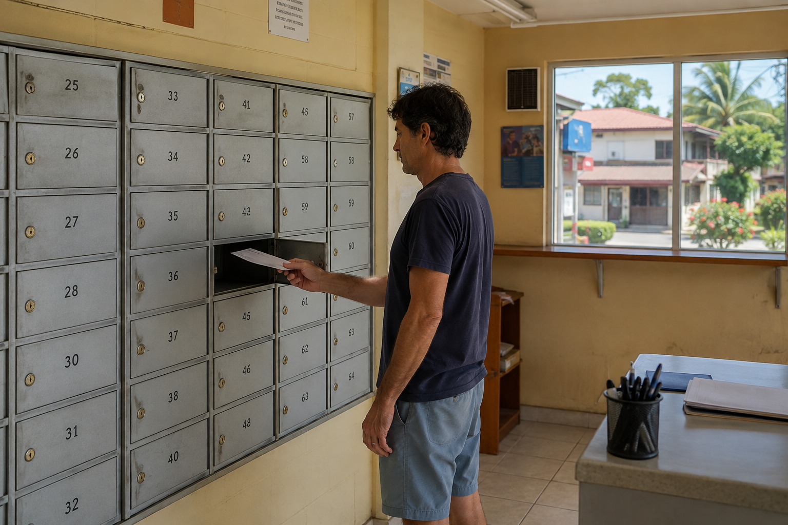A man holds an envelope beside an open metal post-office box.