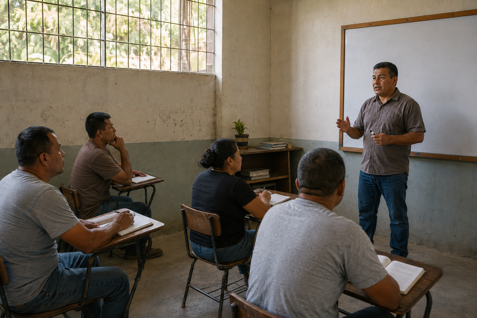 Adults take part in a classroom lesson.