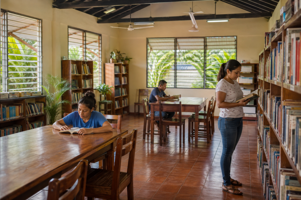Bookshelves and reading tables fill a modest library.