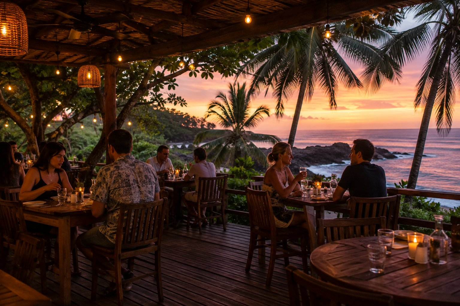 Diners sit on a softly lit coastal restaurant terrace at dusk.