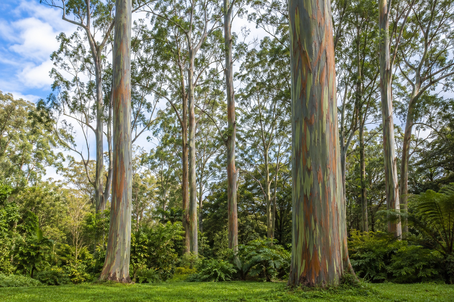 A tall eucalyptus tree with a multicolored trunk and leafy canopy.