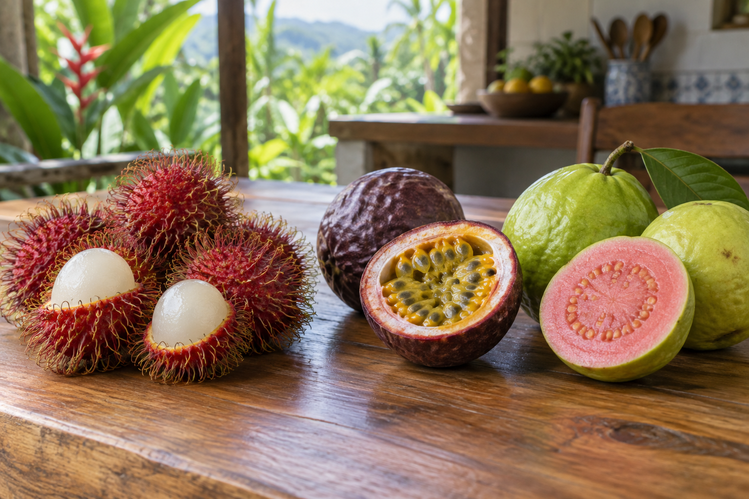 Rambutans, cut passionfruit and pink-fleshed guava on a wooden table