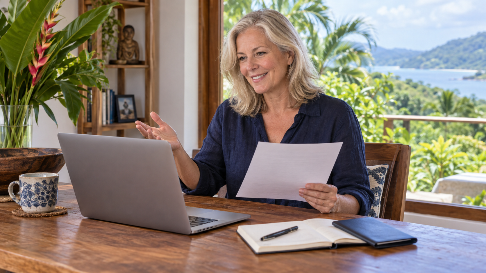 Resident attending a remote renewal guidance call from her Costa Rica home