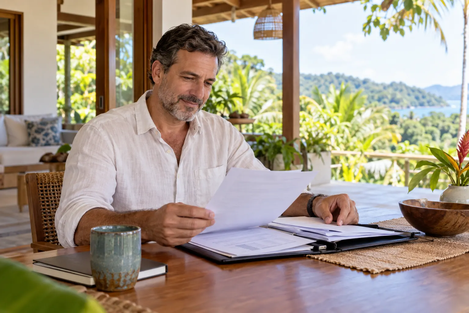 Adult reviewing regular-income documents at home.