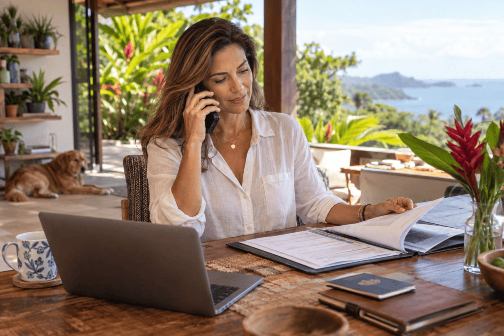 A woman on the phone at a table with a laptop and papers, ocean view behind her