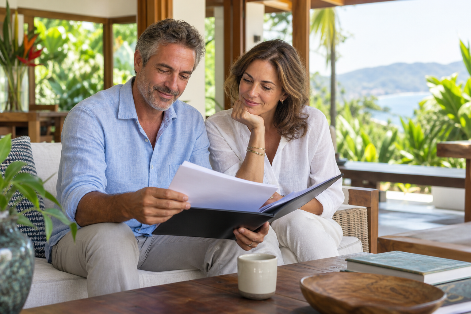 Couple reviewing residency documents at a tropical Costa Rica home.