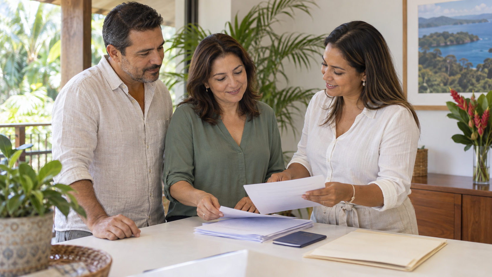 Couple preparing Costa Rica residency documents with an immigration adviser
