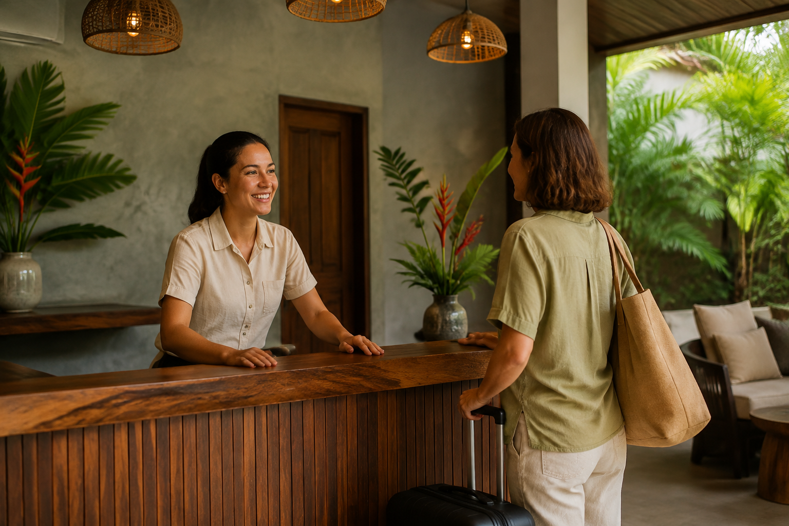 A traveler speaks with a receptionist at a small hotel desk.