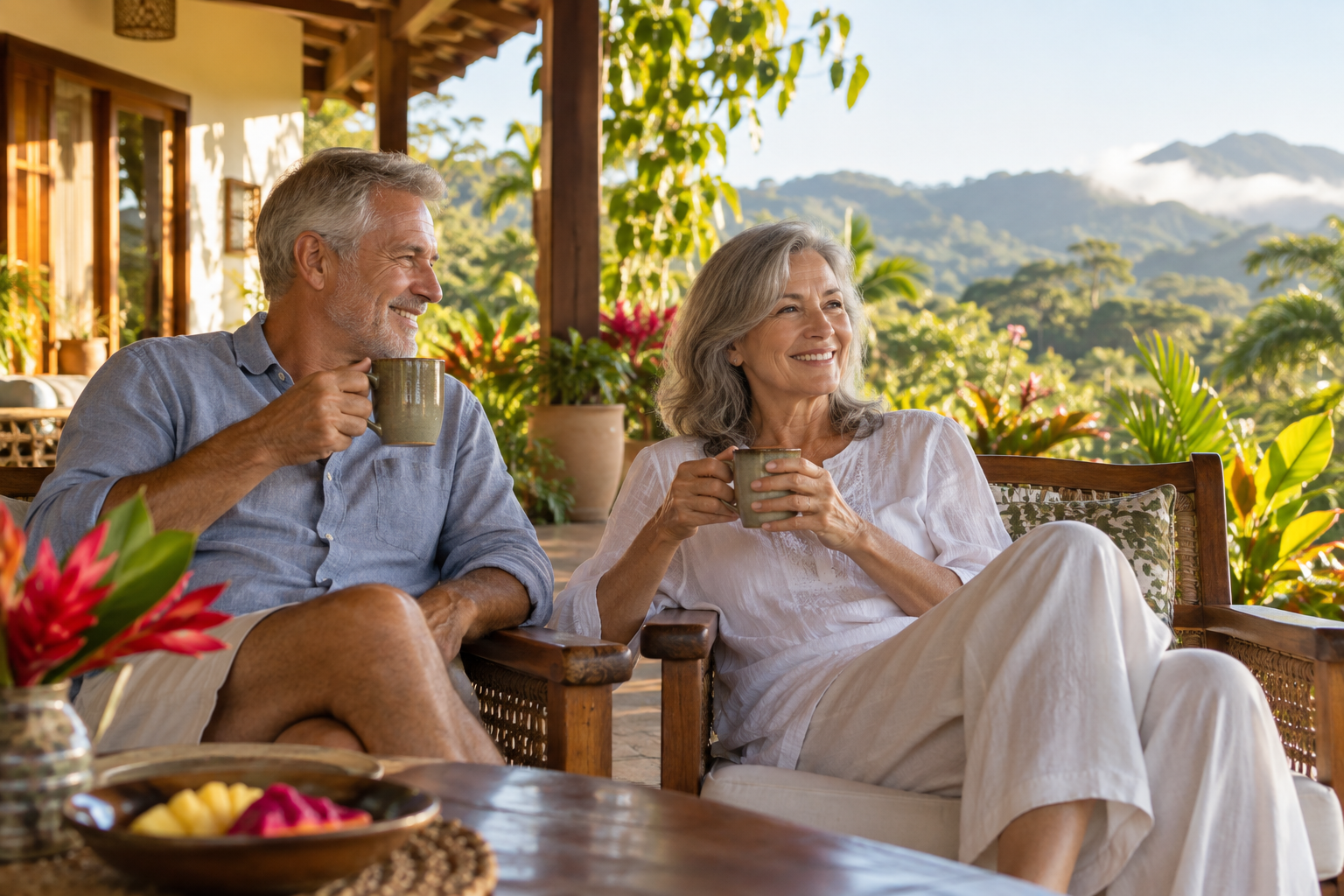 Retired couple enjoying coffee on a lush Costa Rica terrace.