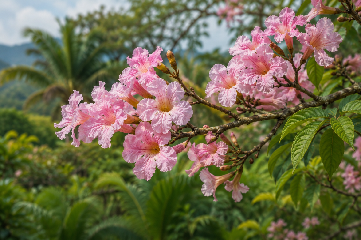 Pink trumpet-shaped flowers on roble sabana branches.