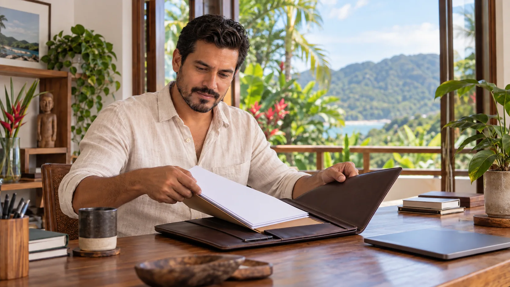Self-employed applicant organizing a professional document portfolio