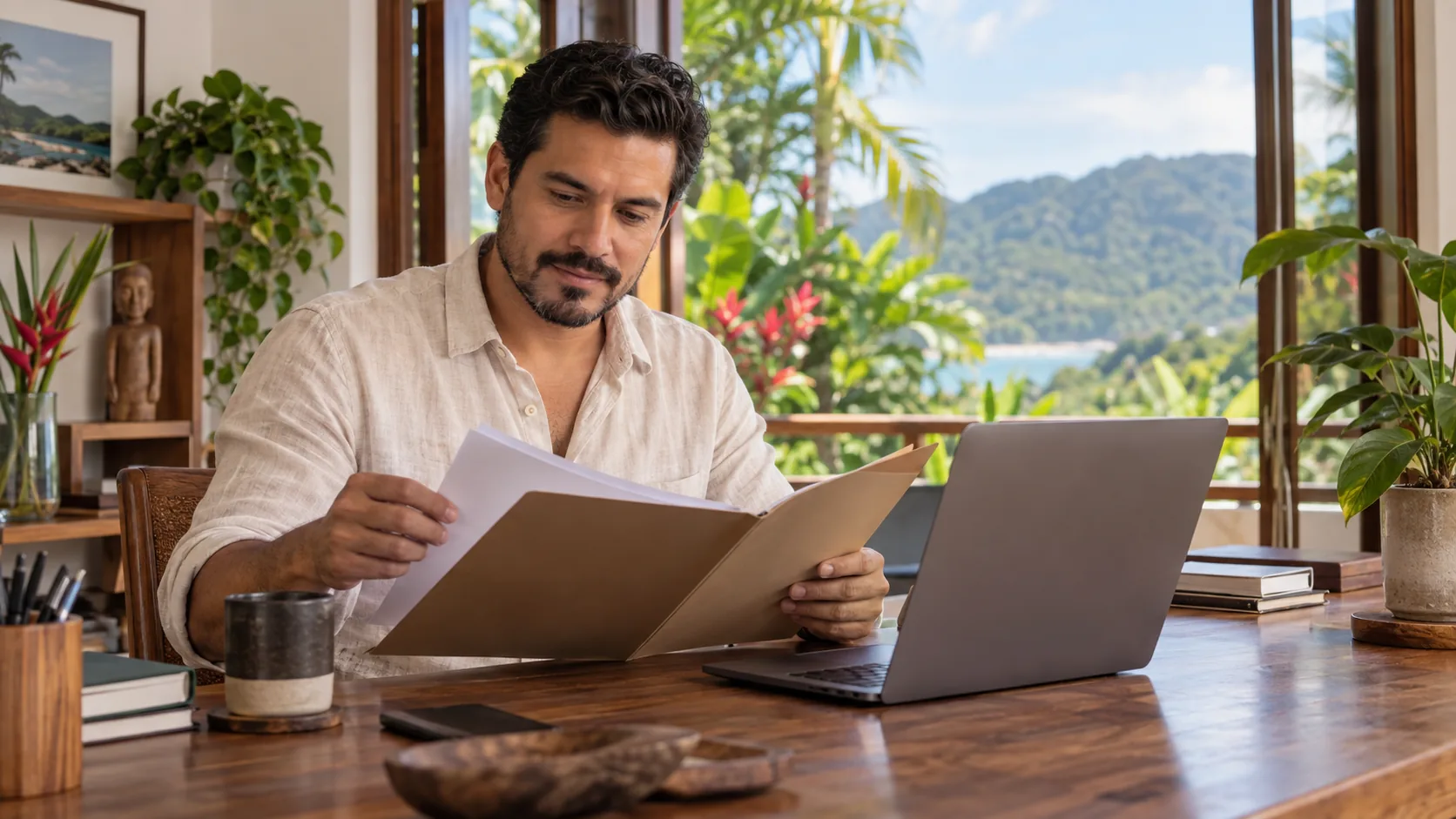 Self-employed applicant reviewing professional documents in Costa Rica
