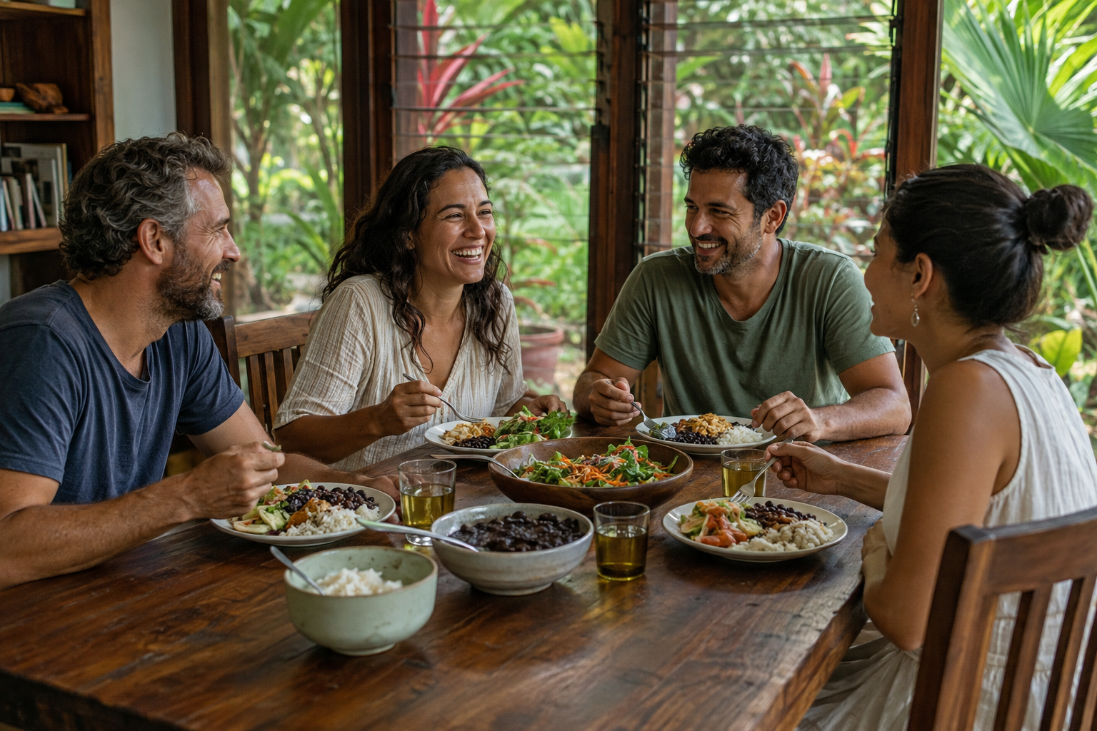 Four adults share a meal around an indoor dining table.