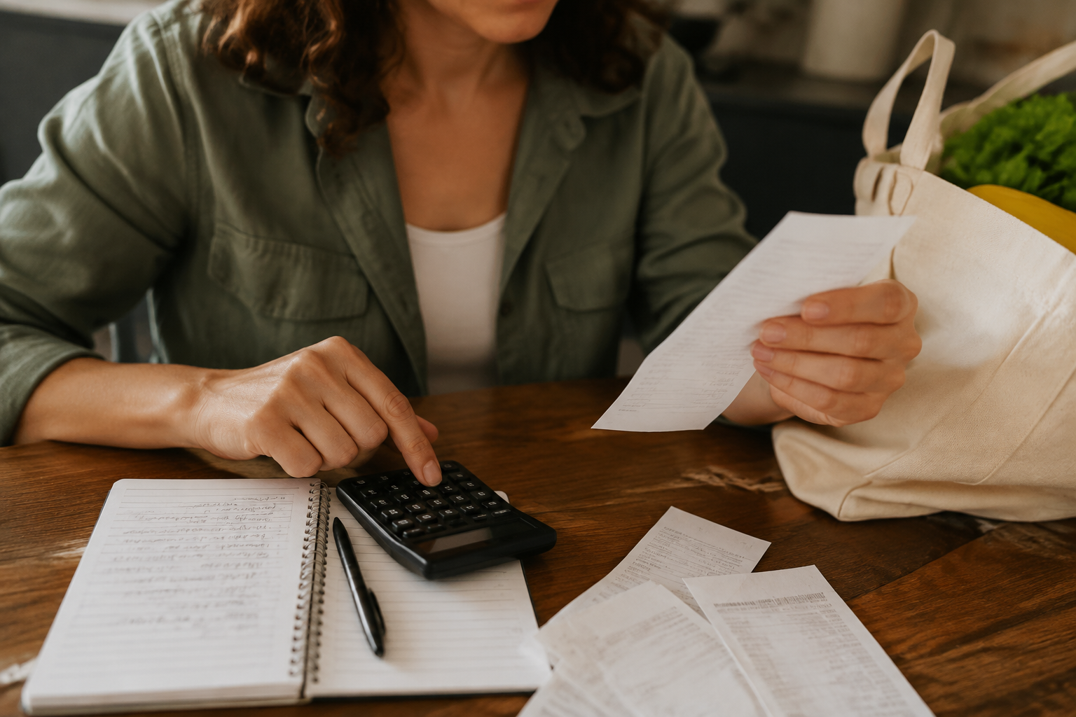 Receipts, a calculator and a shopping list lie on a table.