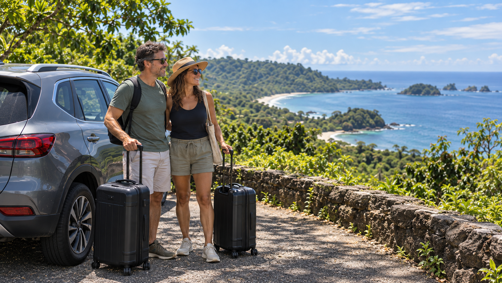 Travelers beside a rental car at a Central Pacific Costa Rica coastal overlook.