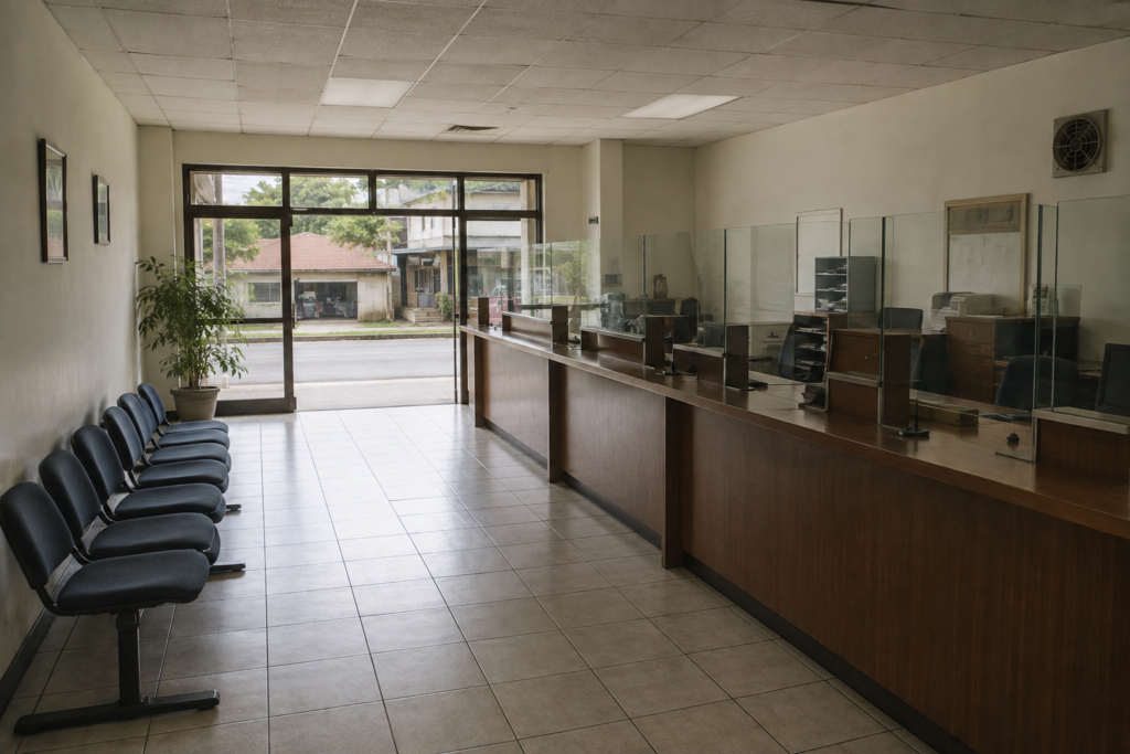 Waiting chairs and service counters occupy a modest bank interior.
