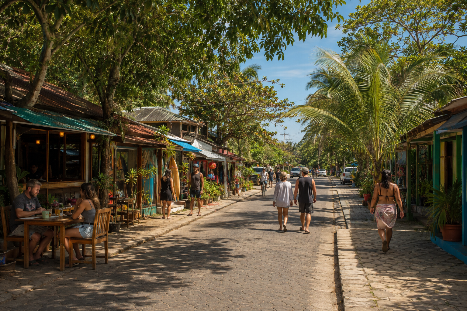 Low-rise shops and cafes along a tropical coastal street.
