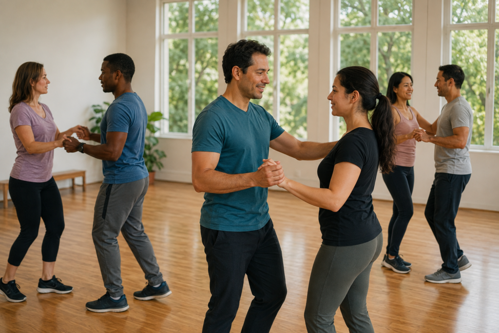Adults practise partner dancing in a bright community studio.