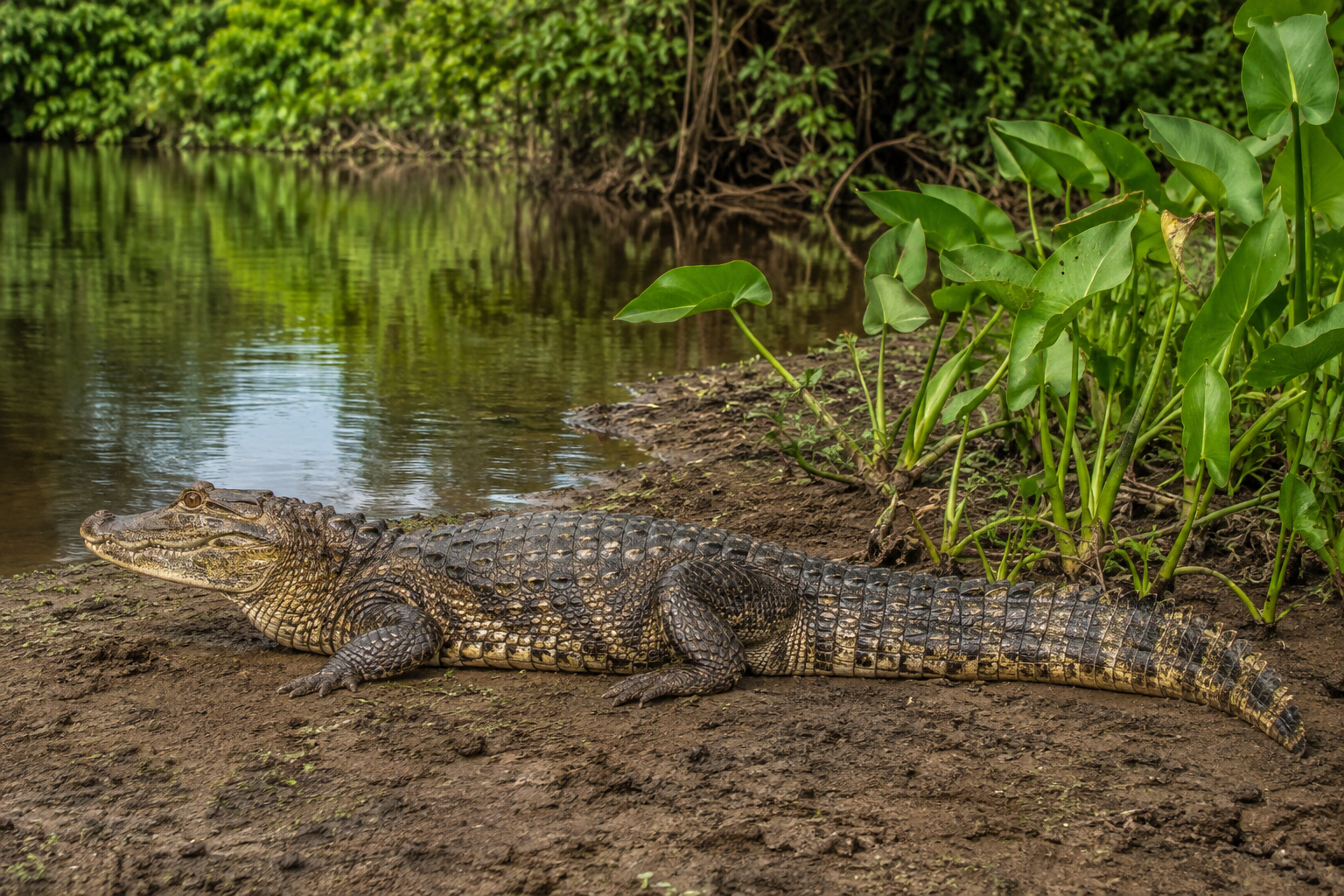 A caiman resting at the edge of shallow water.