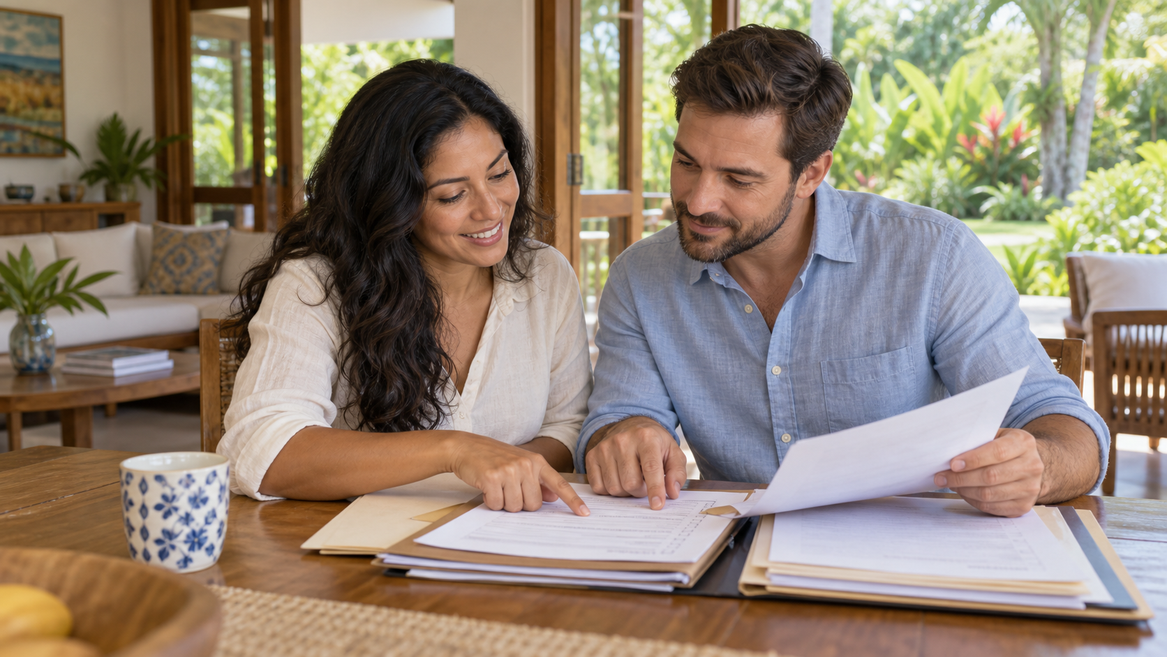 Costa Rican woman and her spouse preparing residency documents at home