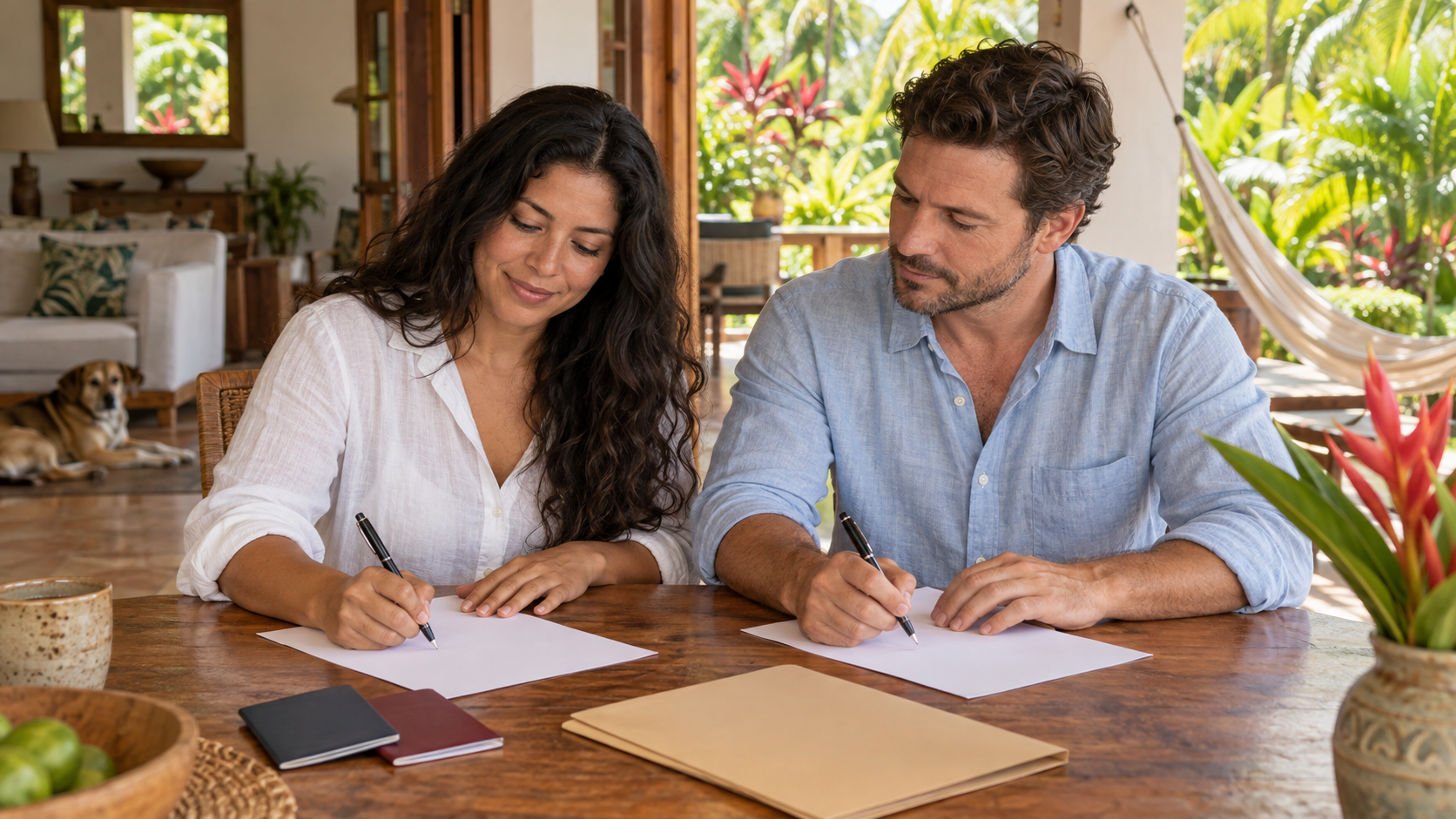 Costa Rican woman and her spouse preparing documents for a residency follow-up