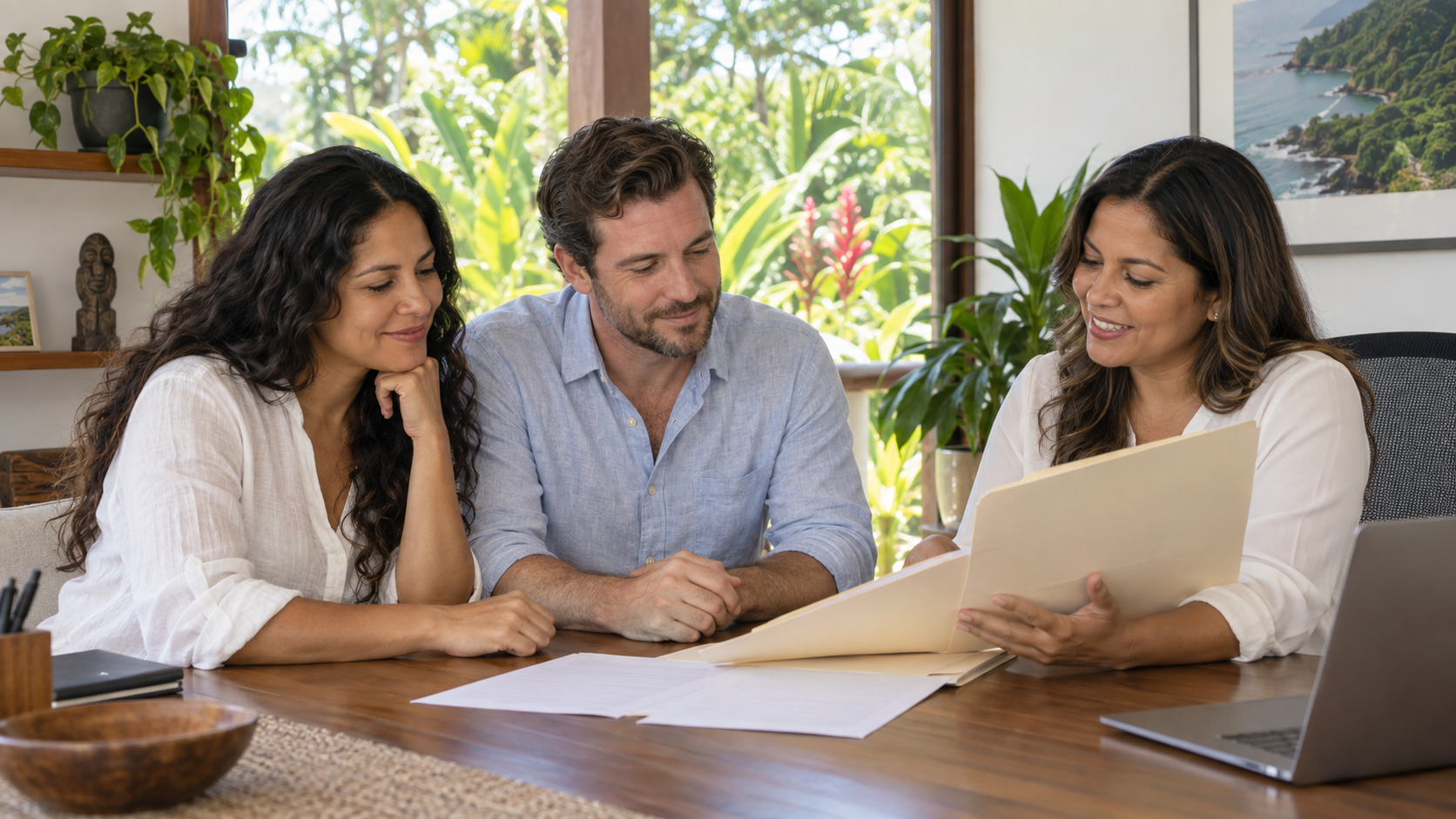 Costa Rican woman and her spouse reviewing their marriage record with an immigration adviser