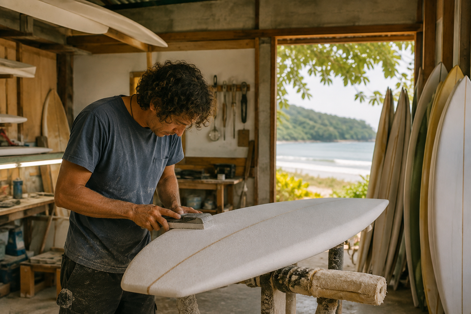 An artisan works on a surfboard in an indoor workshop.