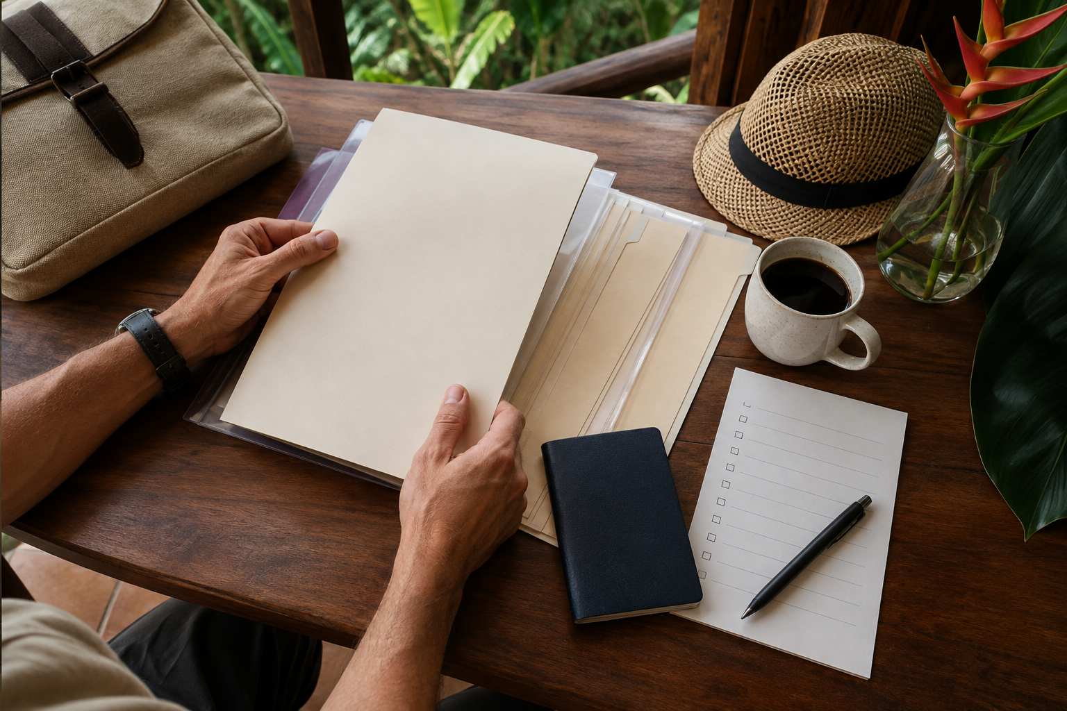 Hands organize travel documents and folders on a desk beside a bag and hat.