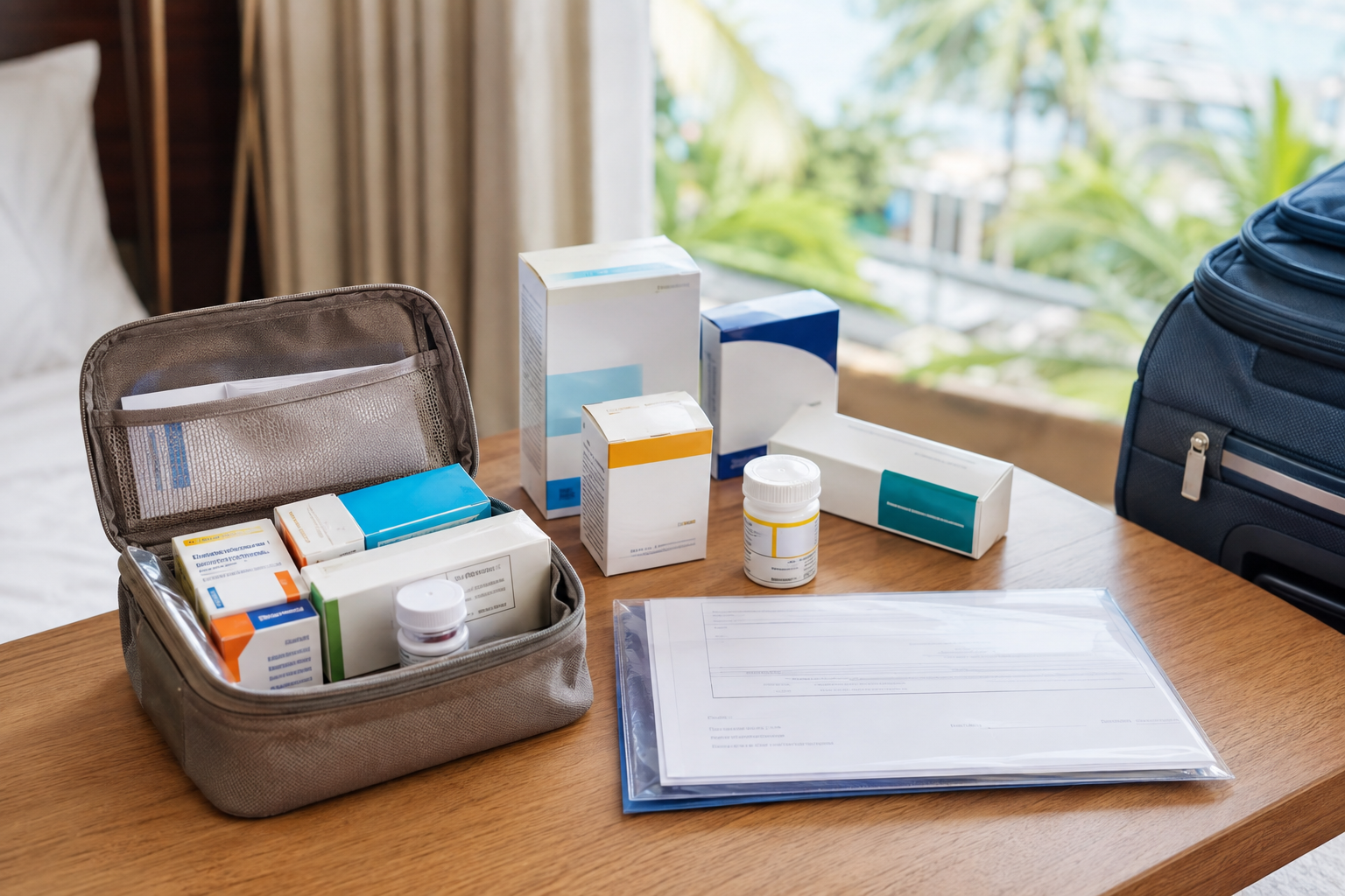 Medicine cartons and closed bottles sit in and beside a travel pouch with documents and a carry-on bag.