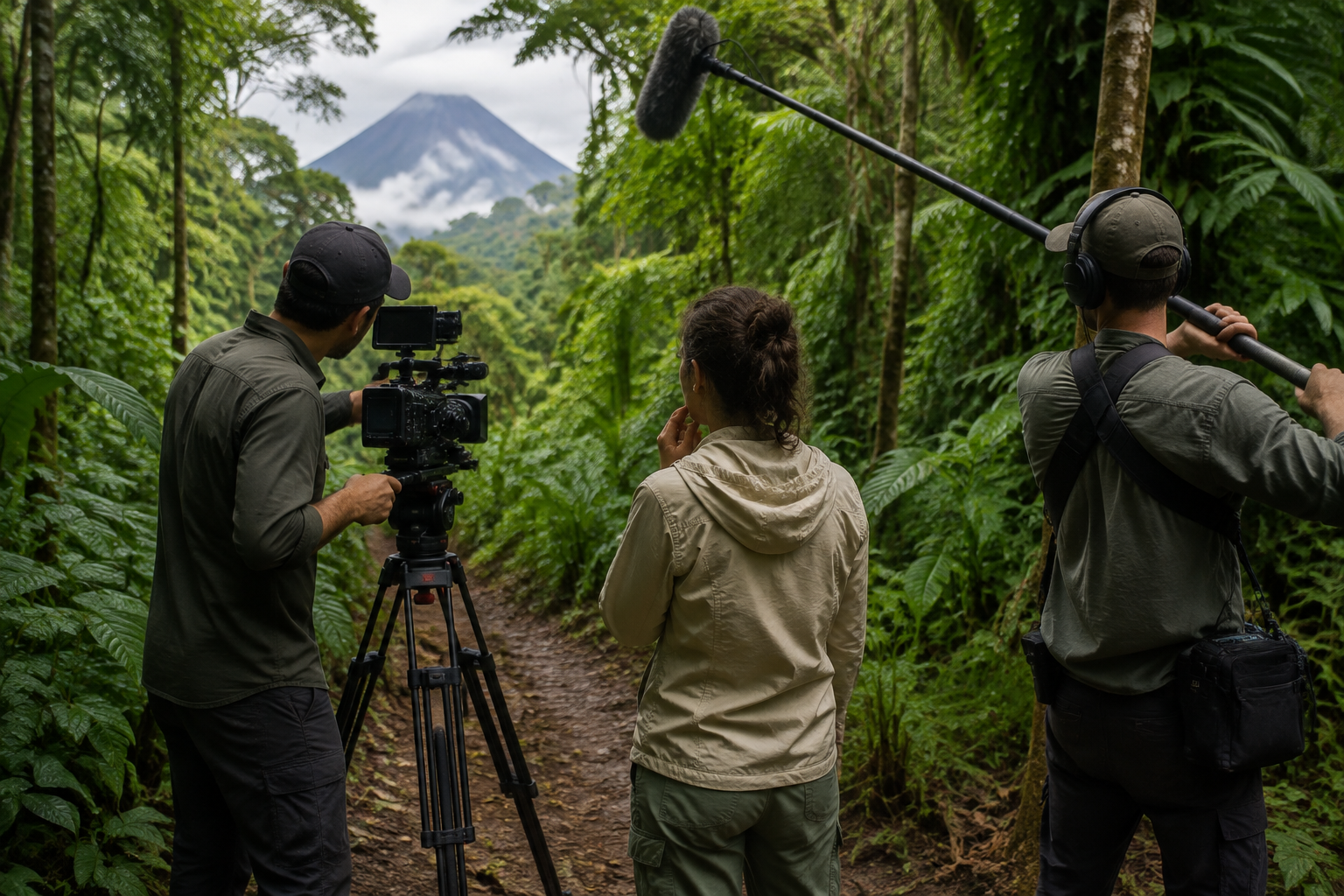 A camera crew works beside a tropical forest trail.