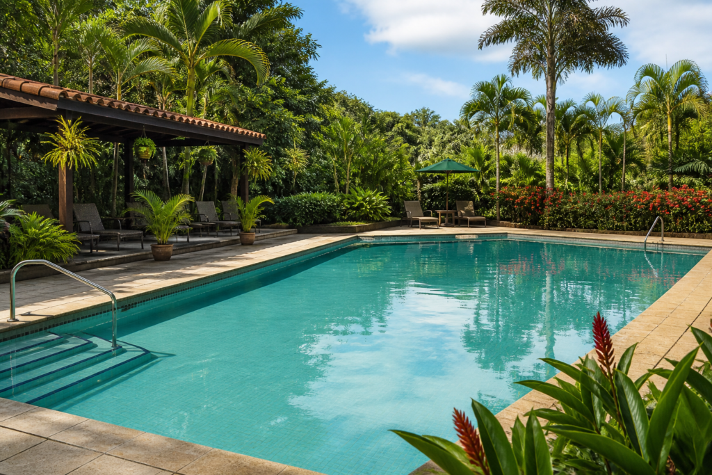 A clear leisure swimming pool is surrounded by palms and shaded seating.