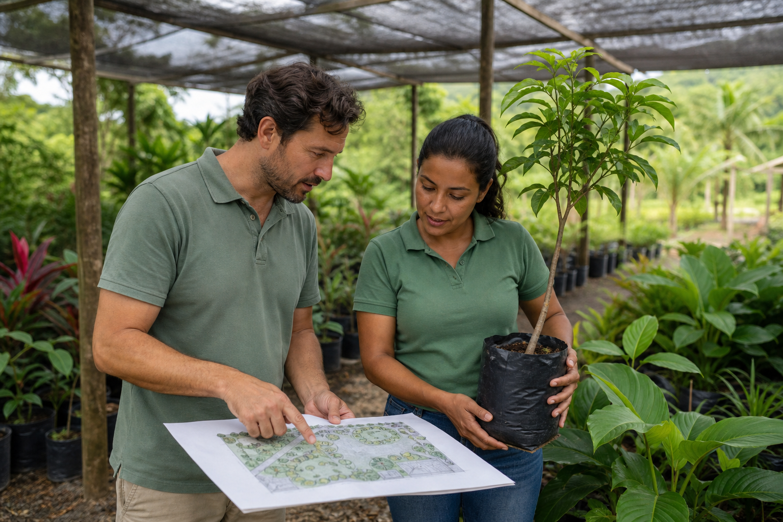 Two adults examine a garden plan beside tropical vegetation.