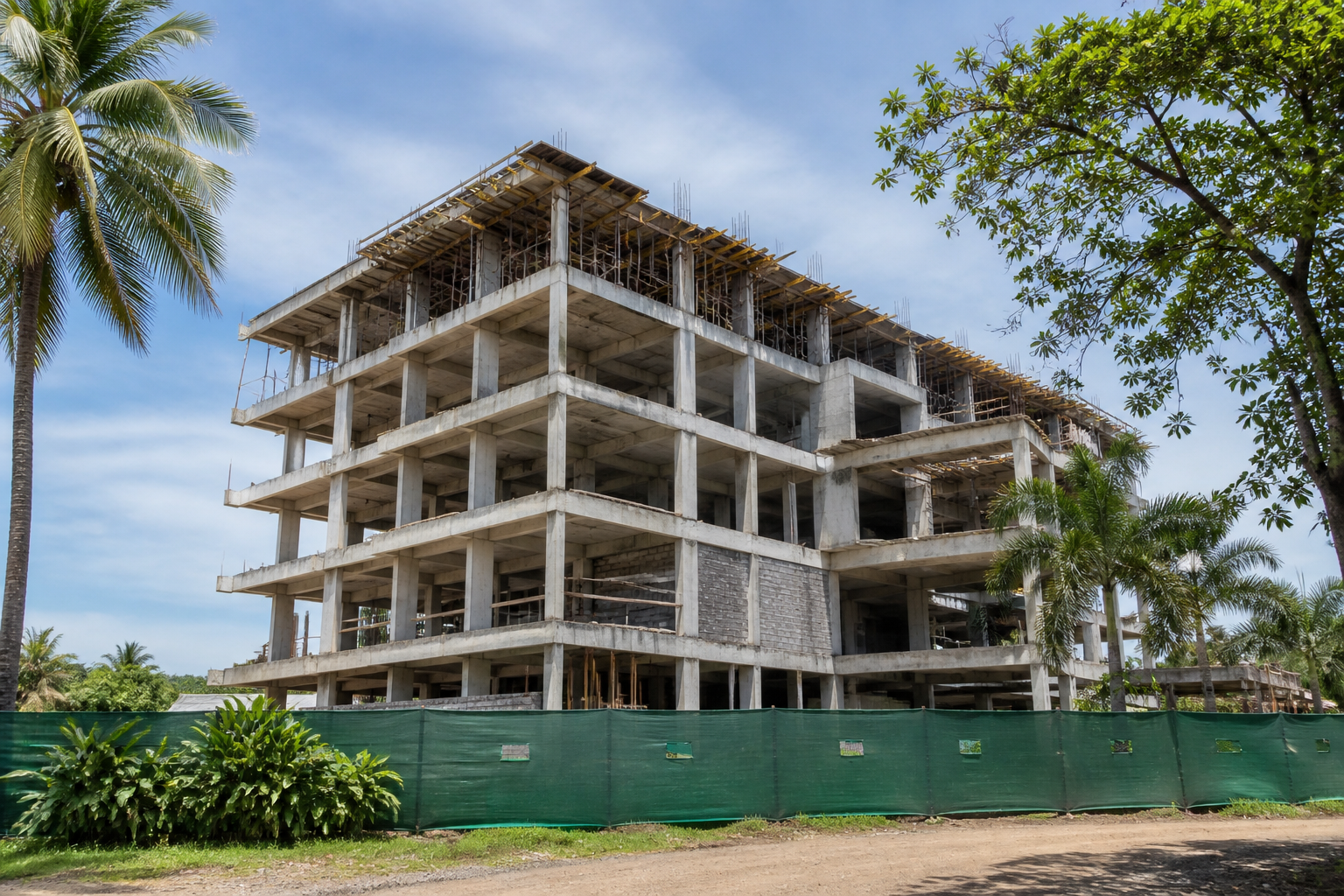An unfinished concrete building stands behind a construction fence.