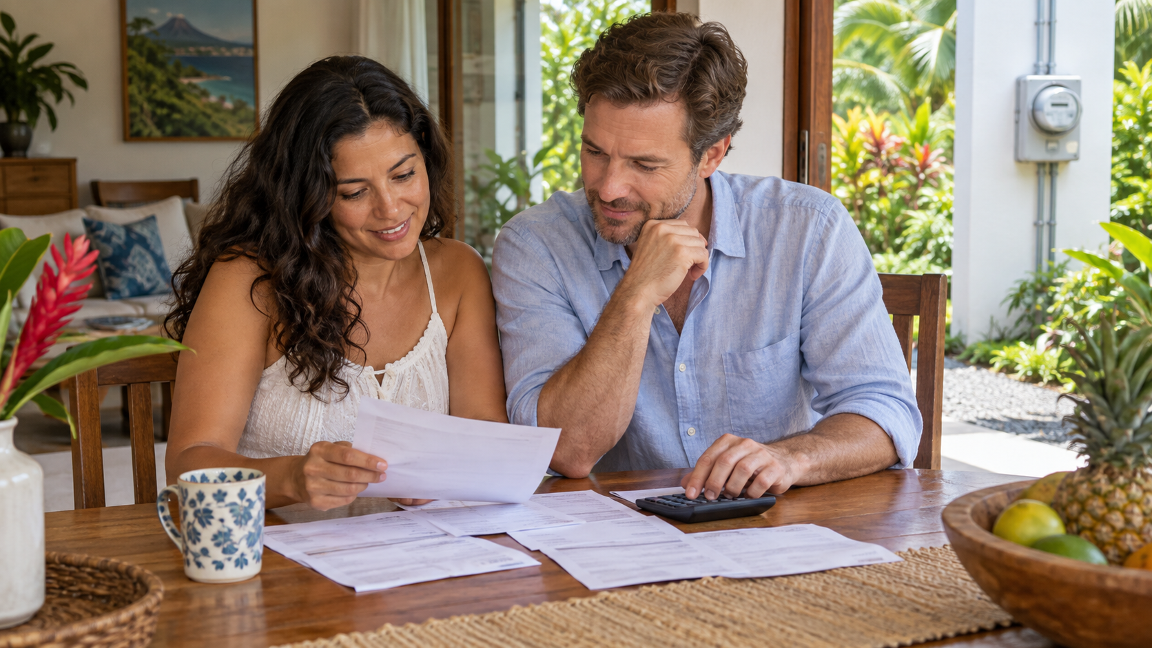 A couple reviews household utility bills at their Costa Rican home.