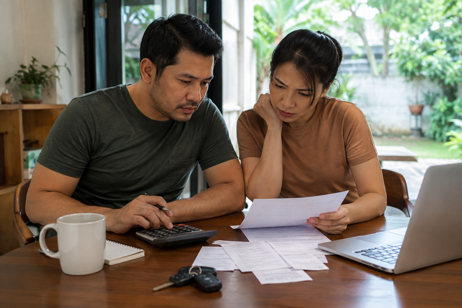 Two adults review paperwork with a calculator, laptop and car keys.