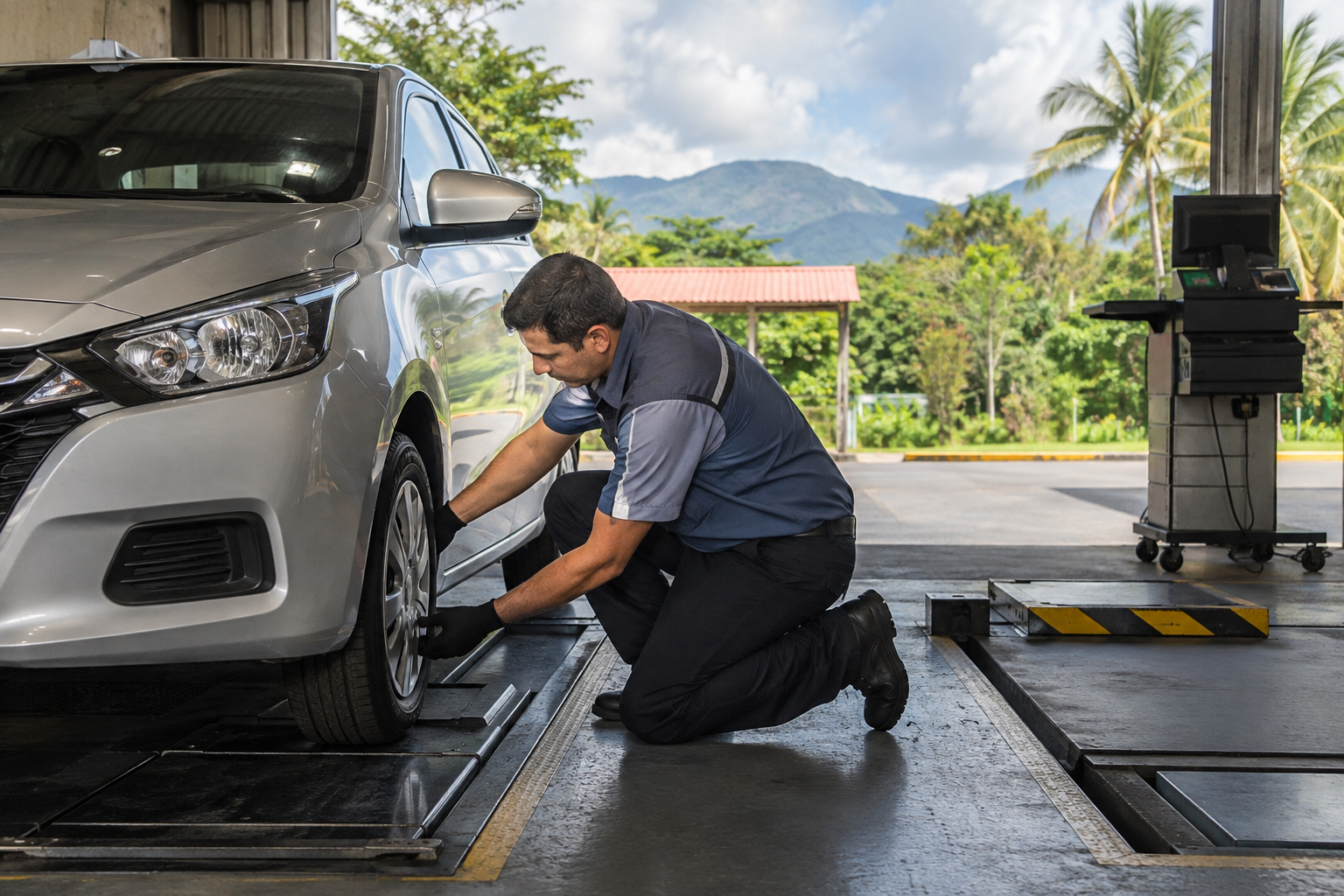 A technician checks a car tyre inside a vehicle workshop.