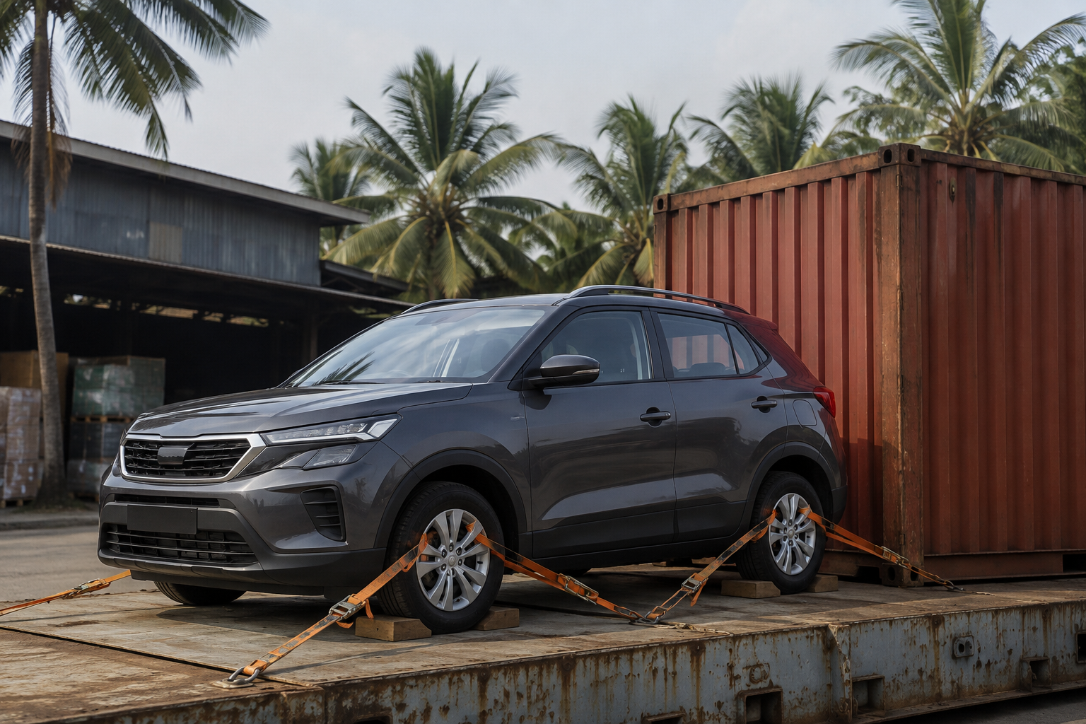 An SUV stands on a loading platform beside a shipping container.