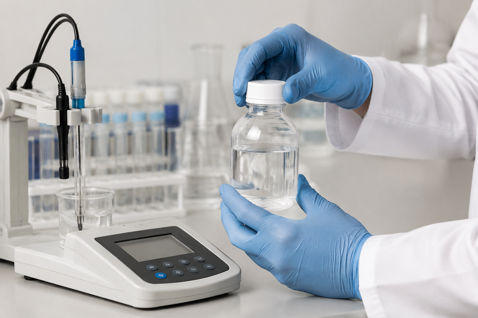 Gloved hands holding a water sample beside laboratory equipment.
