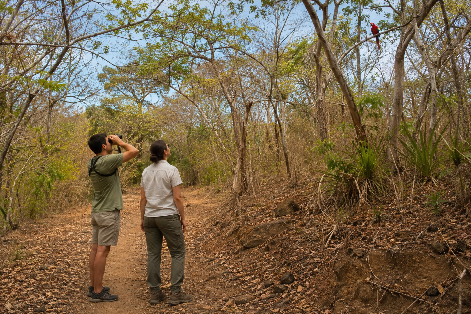 Illustration of two people observing wildlife from a forest trail.