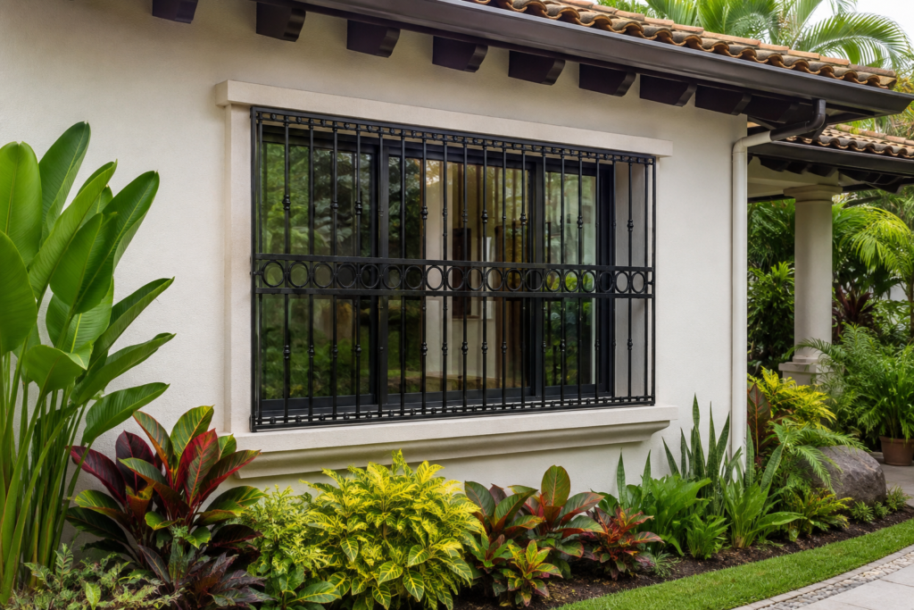 A residential window fitted with metal security bars.