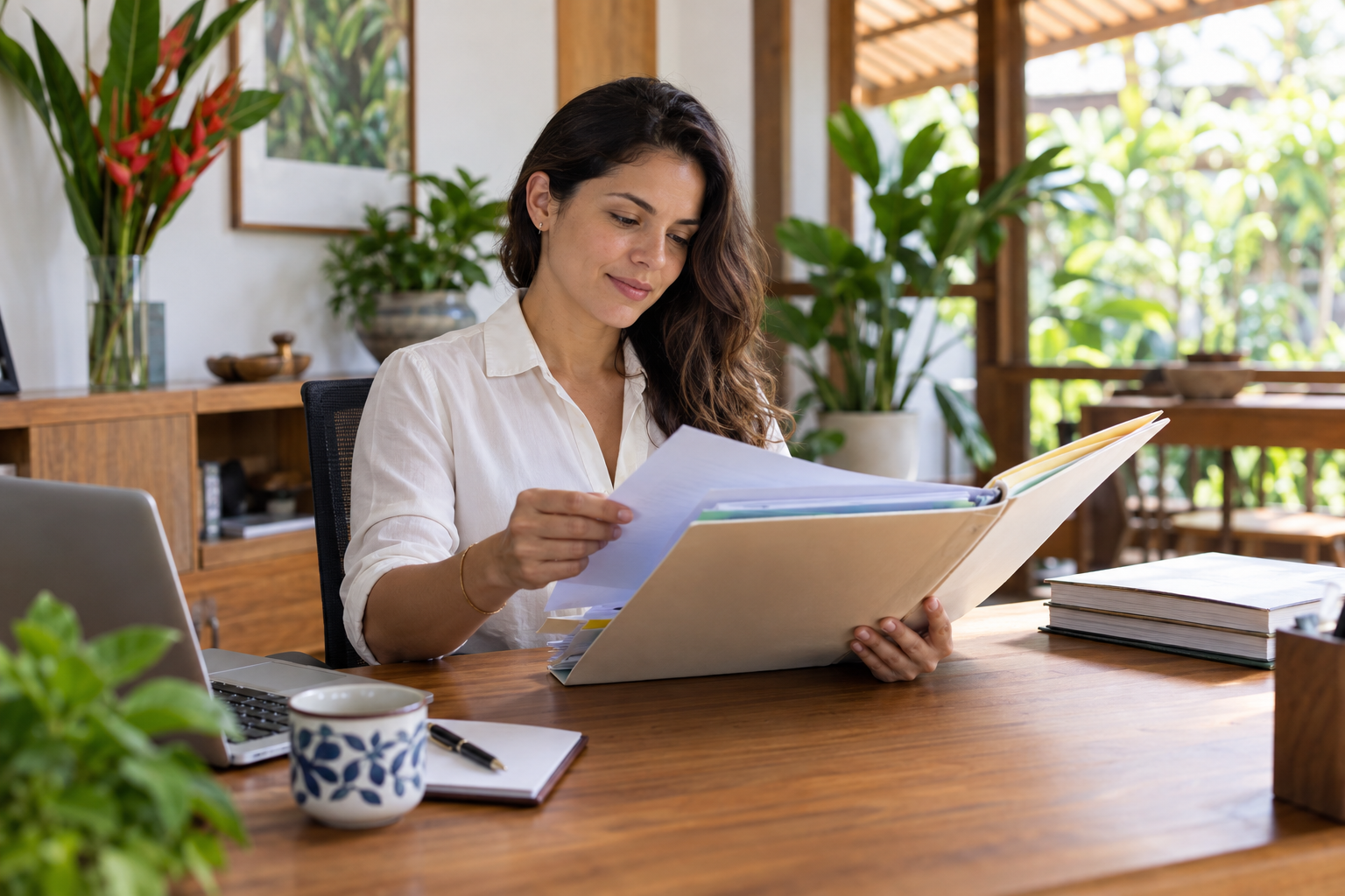 Professional reviewing prepared documents in a Costa Rican office.