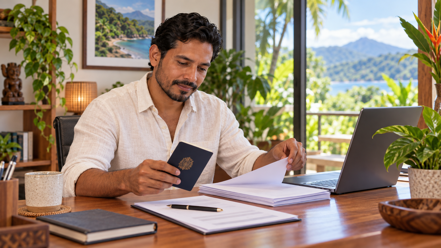 Applicant organizing work permit documents at a Costa Rica home office