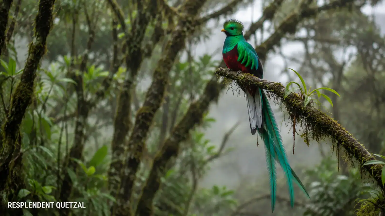 A green and red quetzal with long tail feathers perches on a branch.