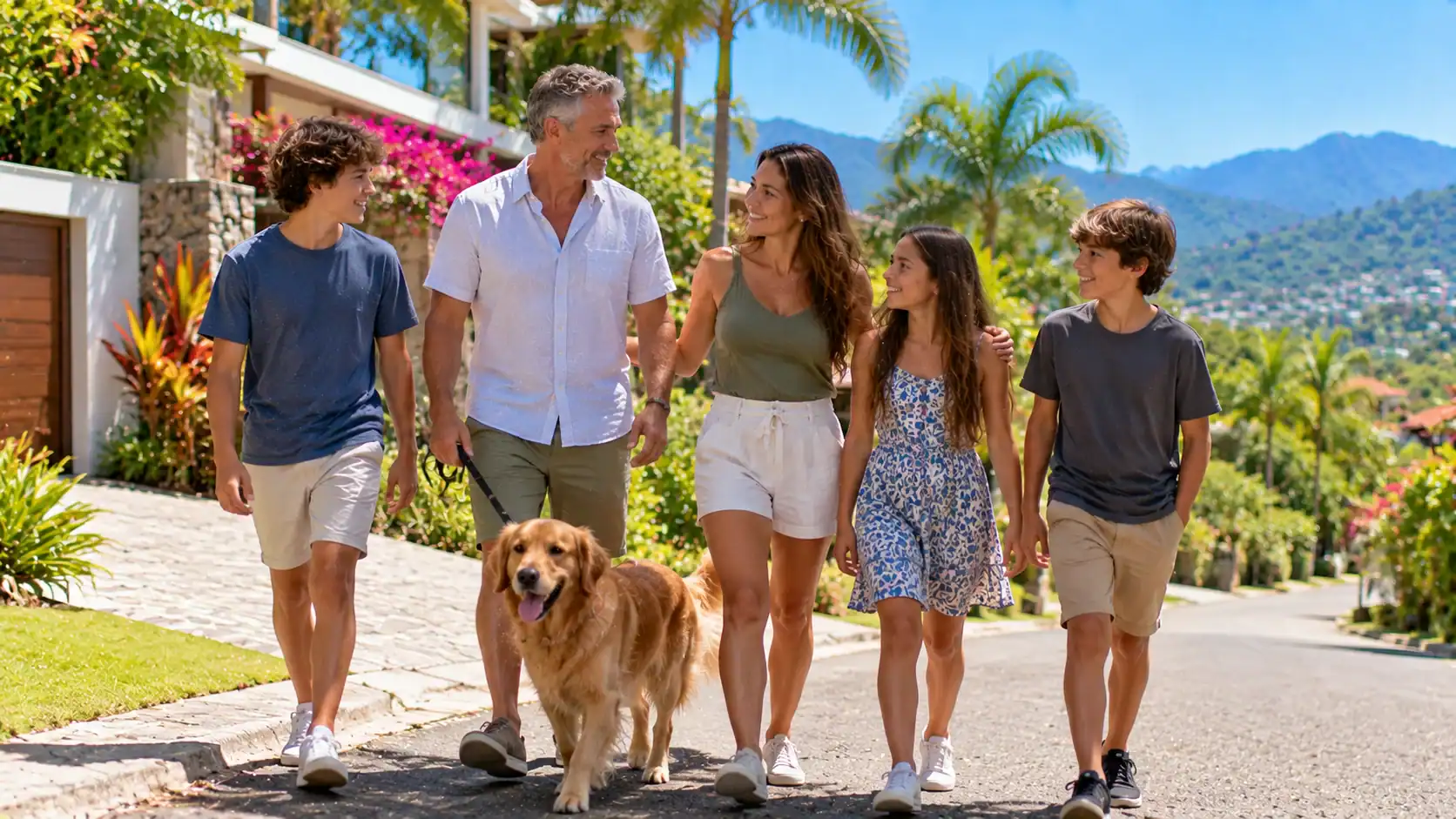 A blended family walking a dog along a sunny residential street in Costa Rica