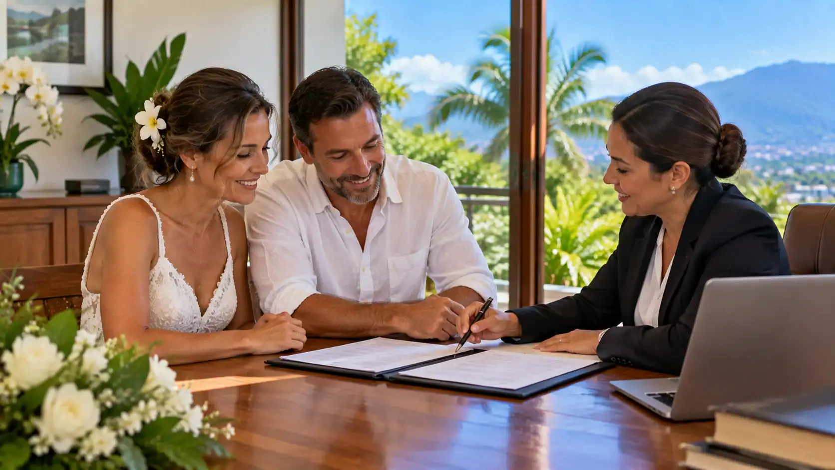 A bride and groom reviewing their marriage paperwork with a lawyer