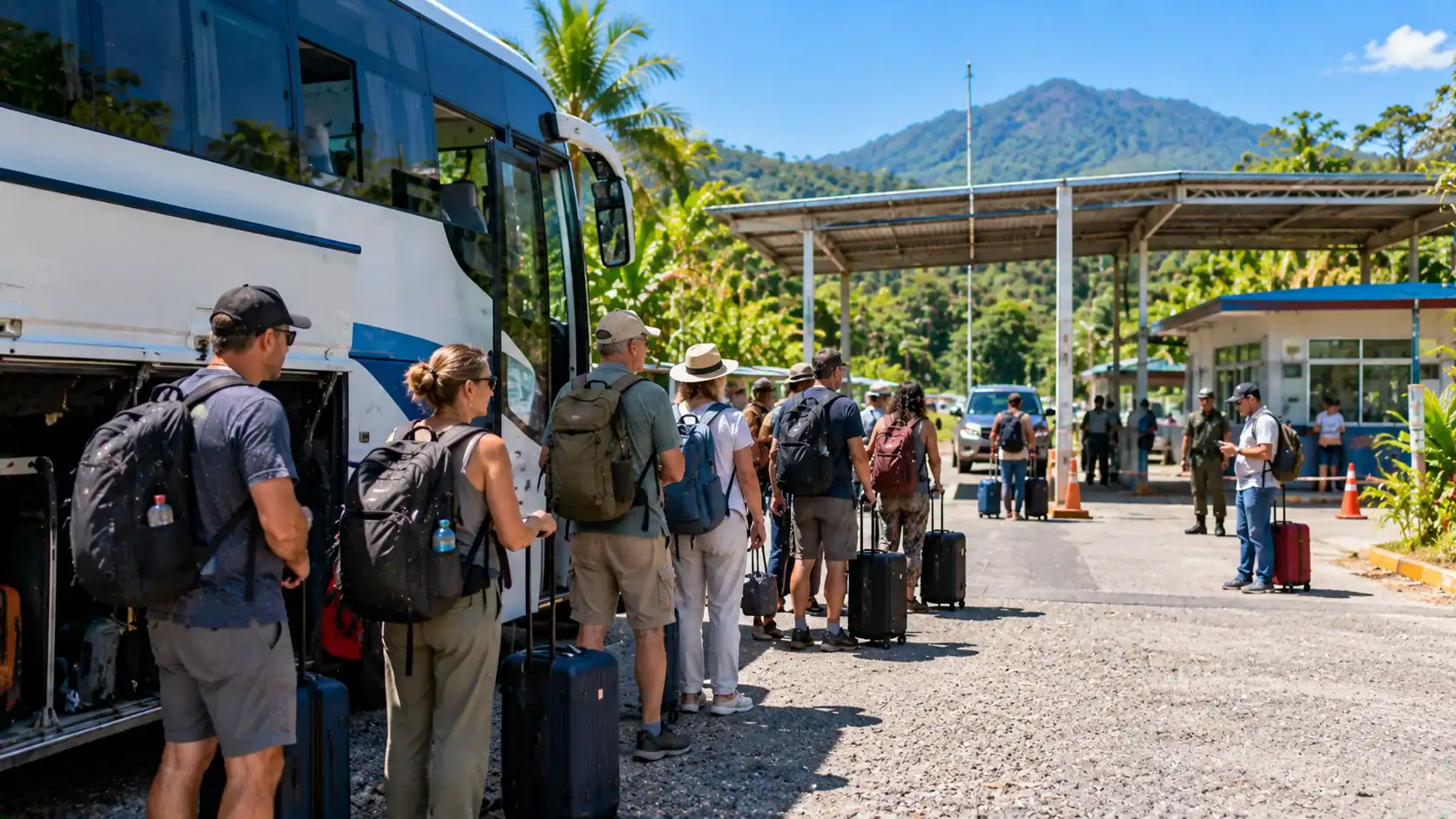 A bus with travelers waiting at a rural border area