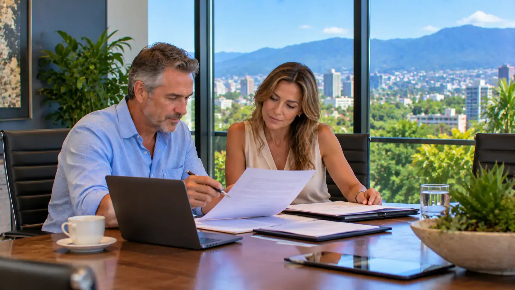 A business owner and partner reviewing company share papers at a boardroom table in San José
