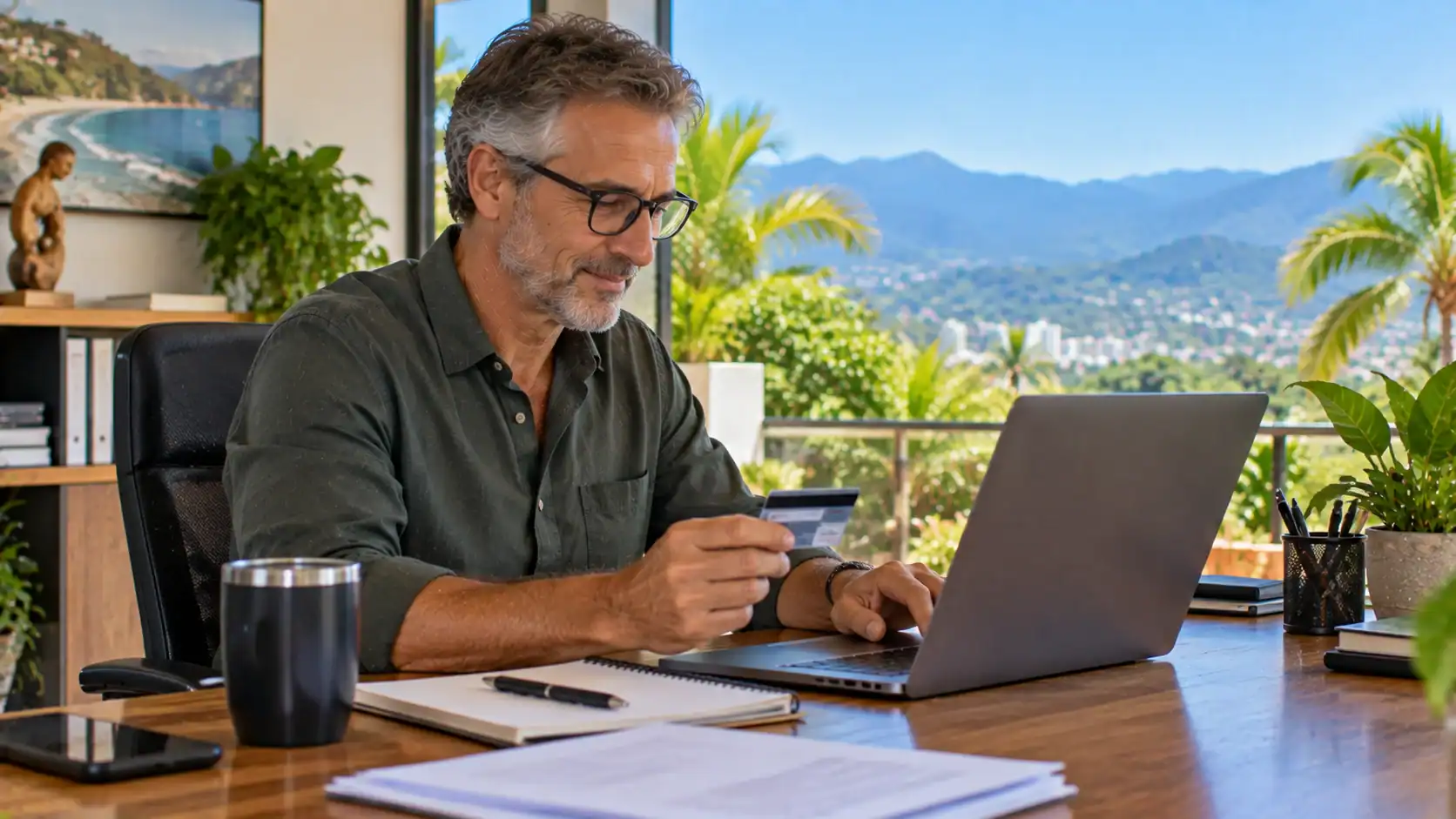 A business owner paying a company bill online on a laptop in a Costa Rican office